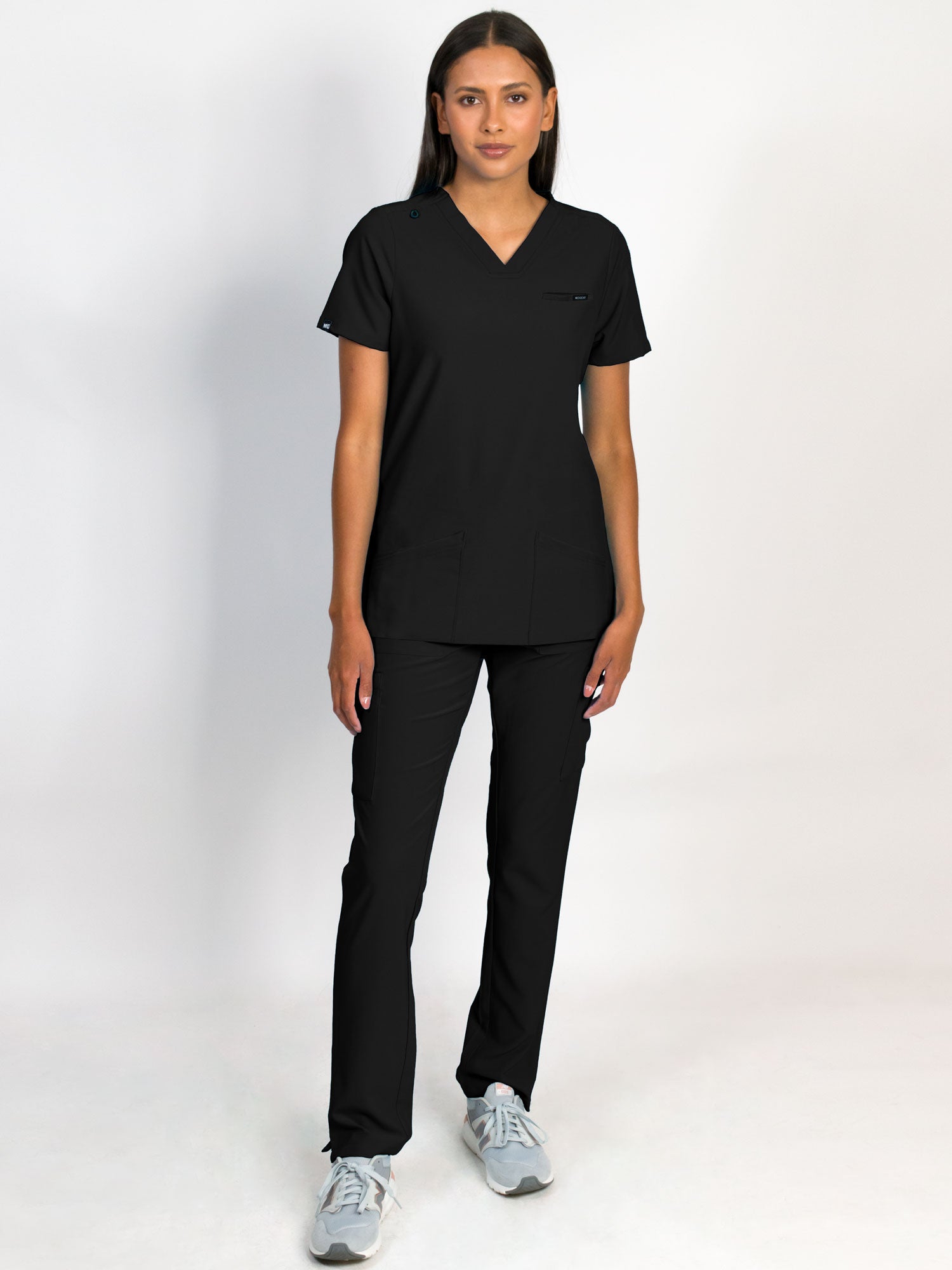 Medgar scrubs set in black color, V-neck top with three bottom front patch pockets and a matching black pant with multiple pockets.