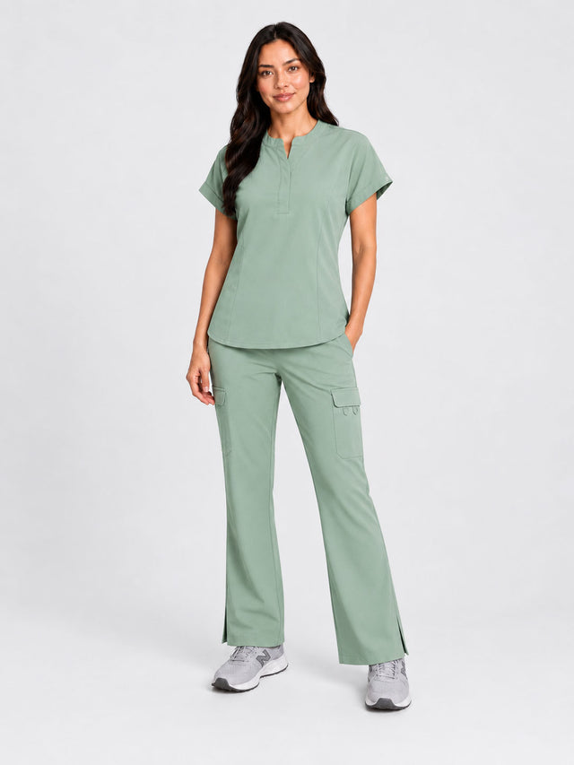 Rhea | Mandarin Collar Top with 10-Pocket Boot Cut Pant Set