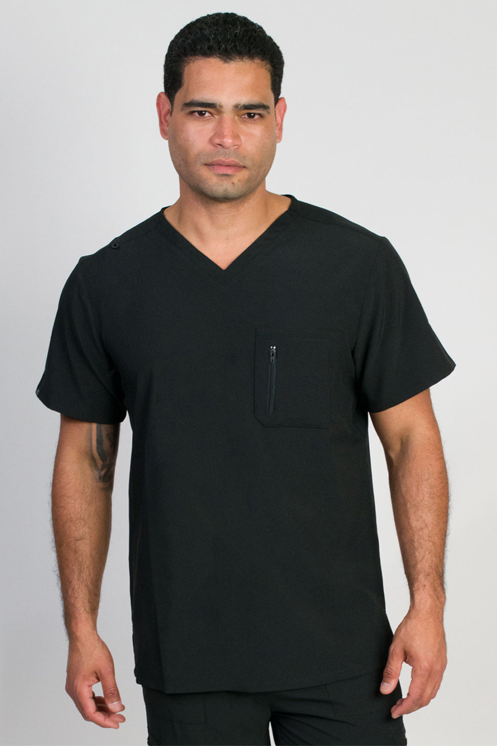 Black short-sleeve V-neck scrubs top with two chest pockets.