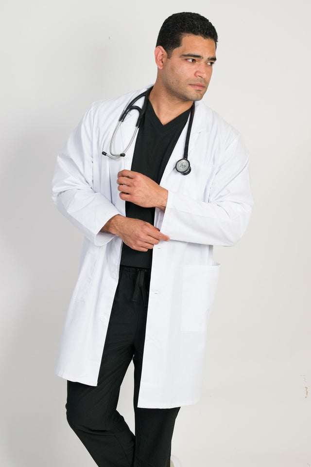 A man wearing a white, 39" long lab coat with a notched collar and 3 pockets, holding a stethoscope.