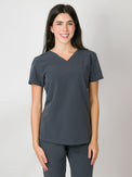 Dark grey scrubs top with a single chest pocket and V-neck.