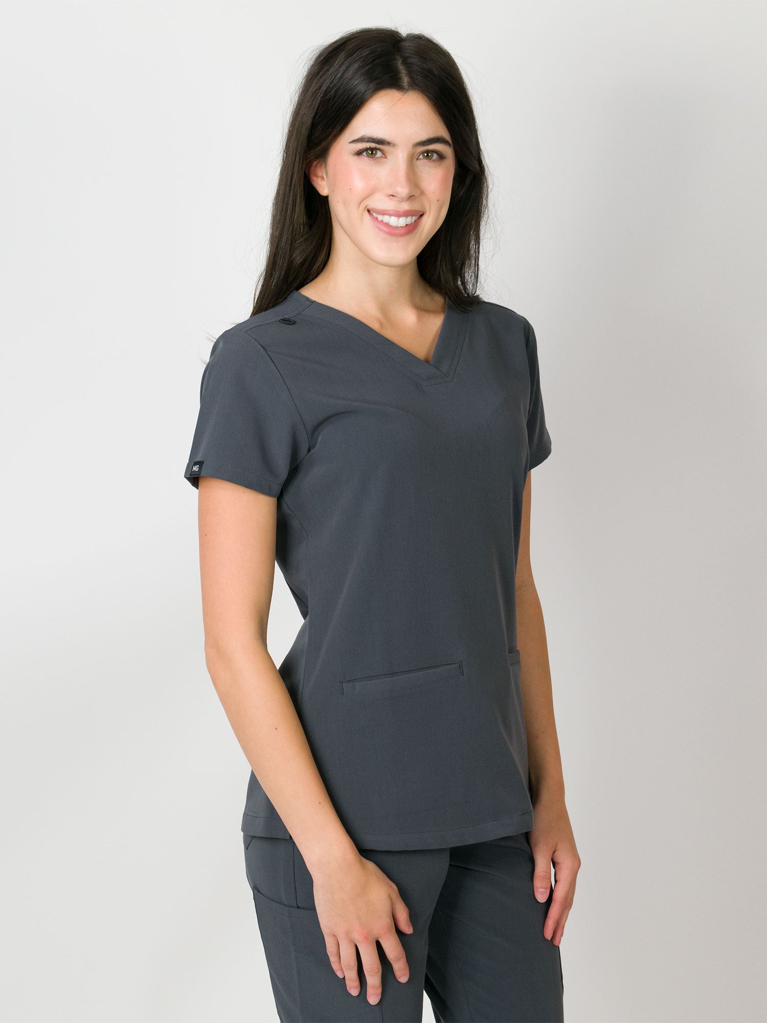 Gray, V-neck, three-pocket top with a slim fit, made from MG-LUX fabric.