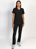 Medgar scrubs set in black color, V-neck top with three bottom front patch pockets and a matching black pant with multiple pockets.