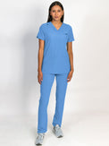 Scrubs set in ceil blue color, V-neck top with three bottom front patch pockets and a matching pant with multiple pockets.