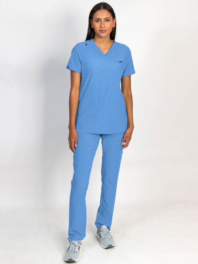 Scrubs set in ceil blue color, V-neck top with three bottom front patch pockets and a matching pant with multiple pockets.