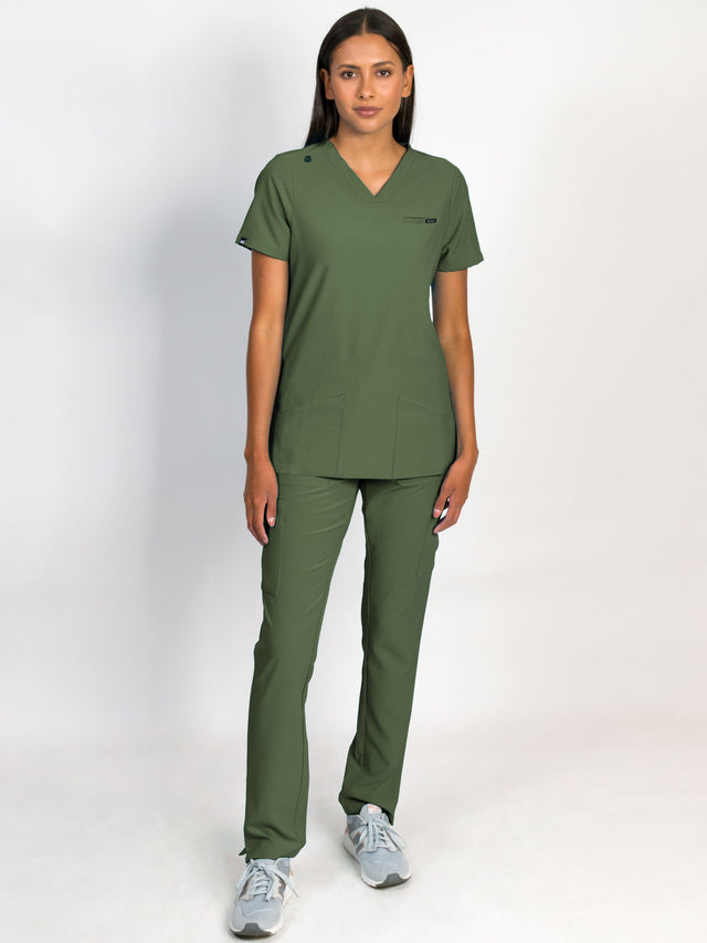 Scrub set in olive color, V-neck top with three bottom front patch pockets and a matching pants with multiple pockets.