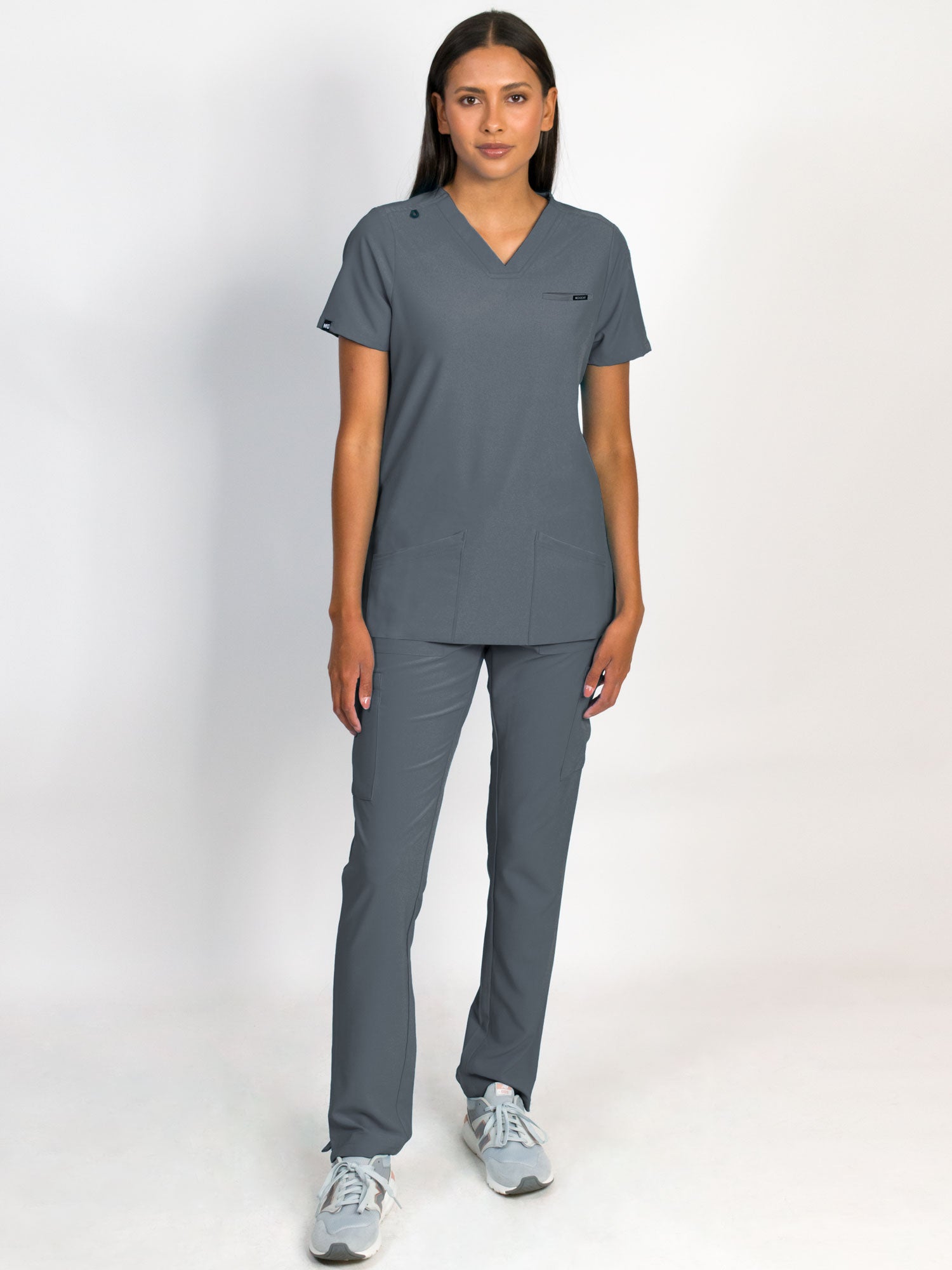 Grey scrubs set, V-neck top with three bottom front patch pockets and a matching grey pant with multiple pockets.