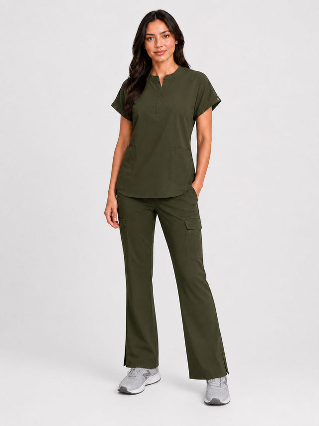 Rhea | Mandarin Collar Top with 10-Pocket Boot Cut Pant Set