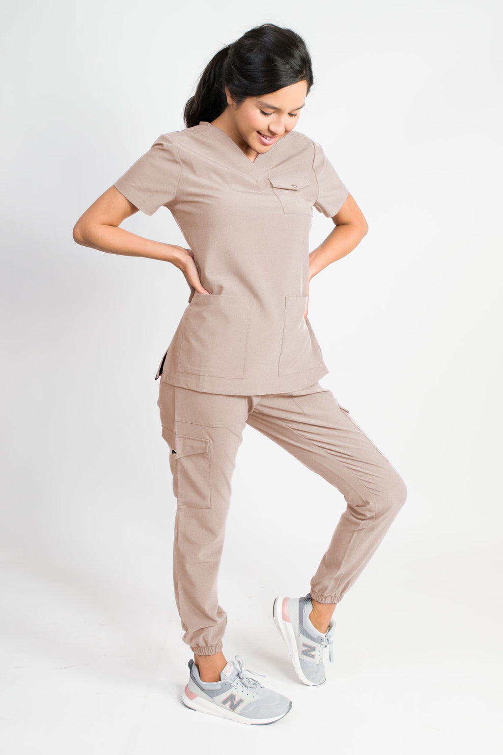 Maple | Women's 3-Pocket Snap Closure Chest Pocket Top Gathered Jogger Pants Set | Coffee Collection