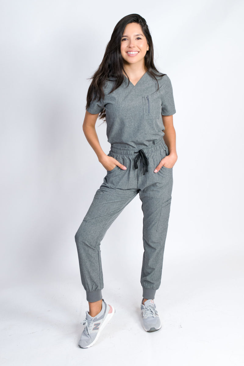 Fleur | Women's Mitered Neck Zip Chest Pocket Top Knit Rib Cuffs Jogger Pants Set | Petite