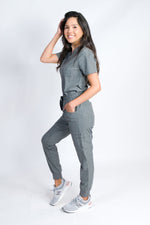 Fleur | Women's Mitered Neck Zip Chest Pocket Top Knit Rib Cuffs Jogger Pants Set | Neutral Colors