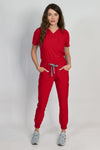 Fleur | Women's Mitered Neck Zip Chest Pocket Top Knit Rib Cuffs Jogger Pants Set | Warm Colors