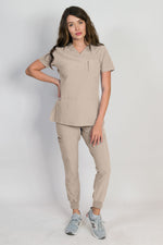 Fleur | Women's Mitered Neck Zip Chest Pocket Top Knit Rib Cuffs Jogger Pants Set | Neutral Colors