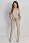 Fleur | Women's Mitered Neck Zip Chest Pocket Top Knit Rib Cuffs Jogger Pants Set | Neutral Colors