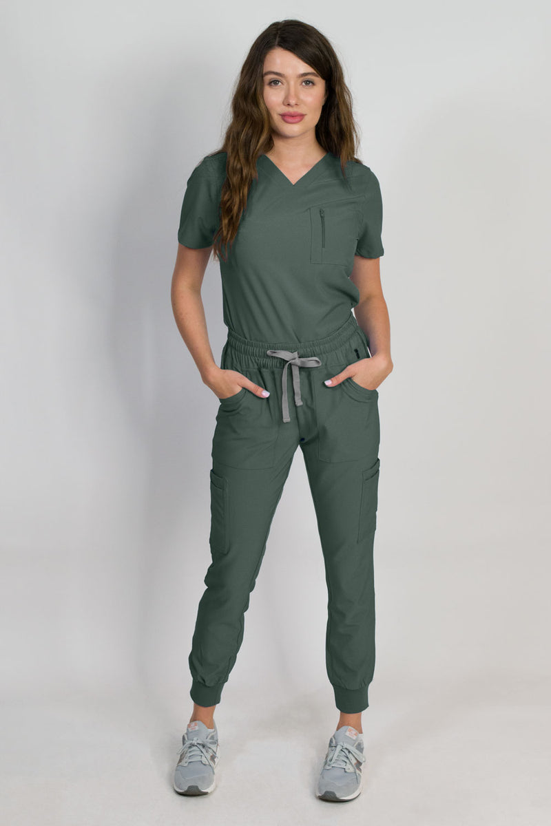 Fleur | Women's Mitered Neck Zip Chest Pocket Top Knit Rib Cuffs Jogger Pants Set | Cool Colors