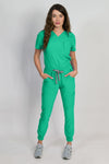 Fleur | Women's Mitered Neck Zip Chest Pocket Top Knit Rib Cuffs Jogger Pants Set | Cool Colors