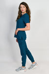 Fleur | Women's Mitered Neck Zip Chest Pocket Top Knit Rib Cuffs Jogger Pants Set | Cool Colors