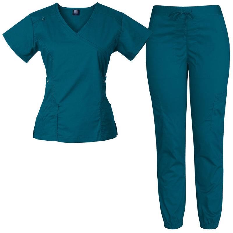 Raina | Limited Edition Women's Mock Wrap Snap Pockets Scrubs Set | Cool Colors