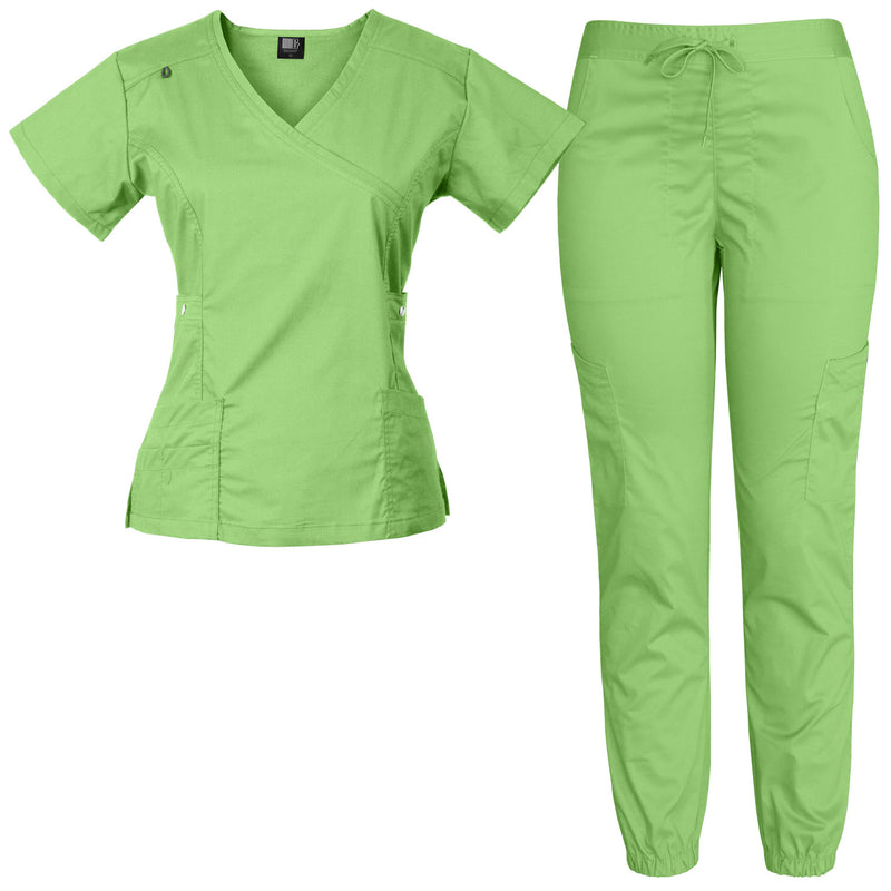 Raina | Limited Edition Women's Mock Wrap Snap Pockets Scrubs Set | Cool Colors