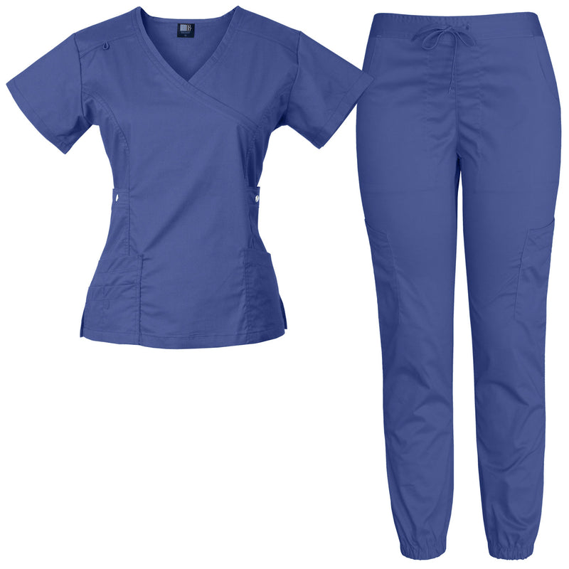 Raina | Limited Edition Women's Mock Wrap Snap Pockets Scrubs Set | Cool Colors