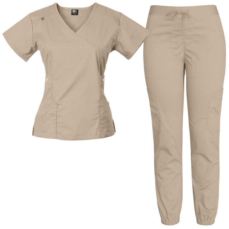 Raina | Limited Edition Women's Mock Wrap Snap Pockets Scrubs Set | Neutral Colors