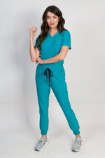 Fleur | Women's Mitered Neck Zip Chest Pocket Top Knit Rib Cuffs Jogger Pants Set | Cool Colors
